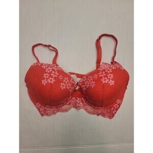 Etam French Bra 36 Lace Overlaid Floral Embroidered Underwired Red Pink